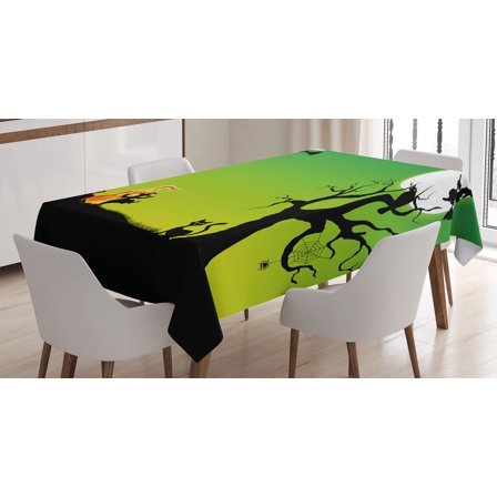 Ambesonne Halloween Tablecloth Rectangular Table Cover, Dancing Witch, 52"x70", Black Green