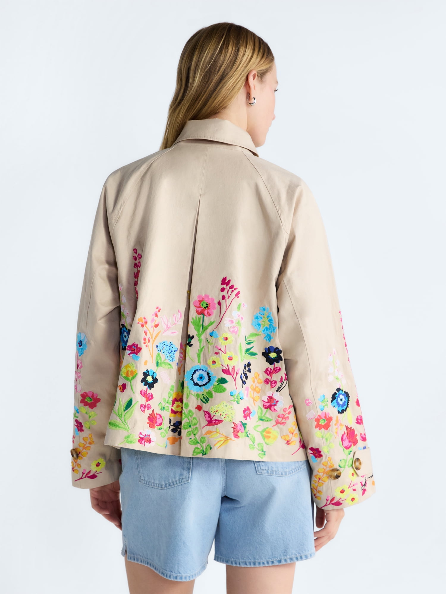 Free Assembly Women's and Women's Plus Short Embroidered Trench Coat, Sizes XS-4X