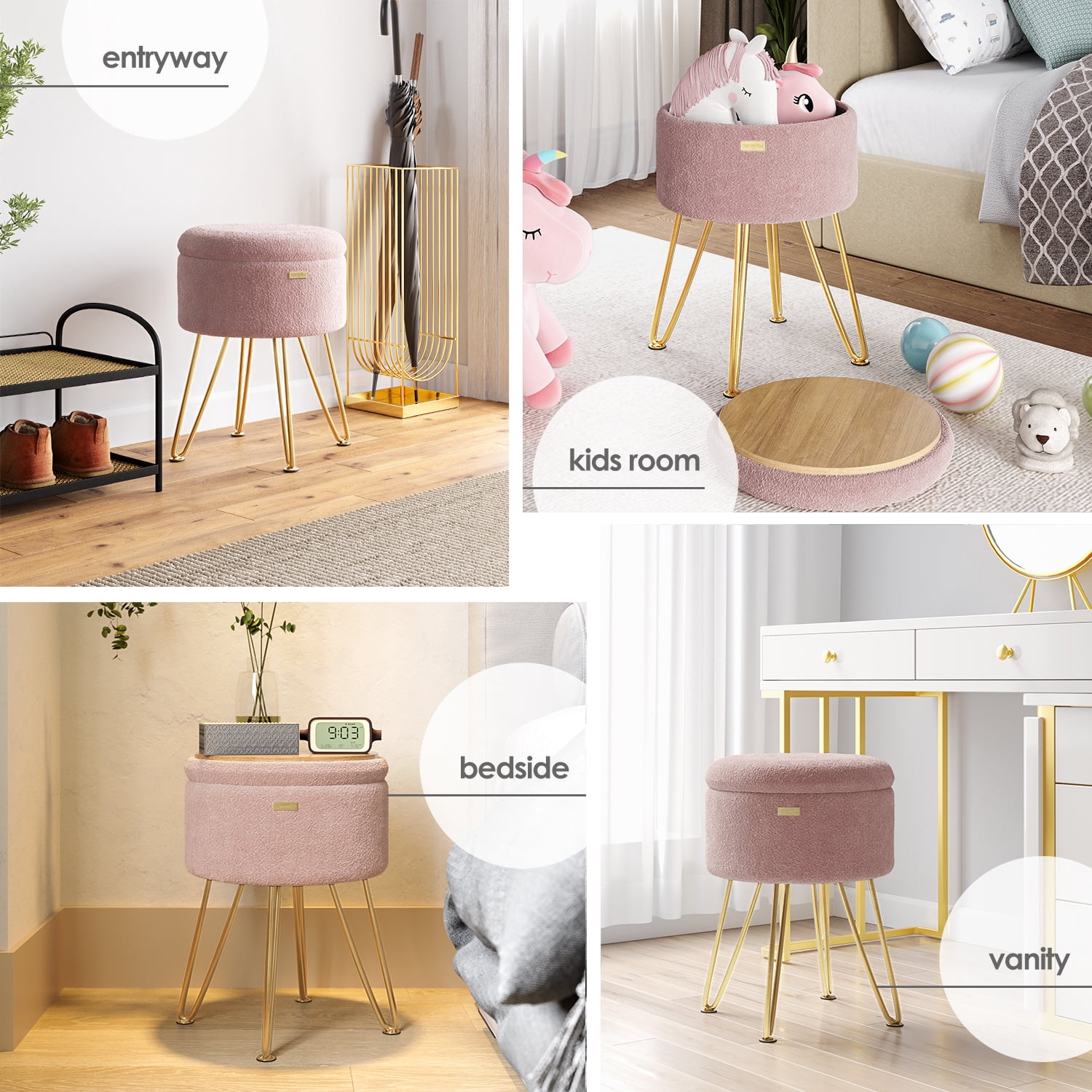 LammaLoe Small Round Ottoman with Storage, Boucle Ottoman Foot Stool with Lid, Upholstered Vanity Stool for Living Room & Bedroom, Pink