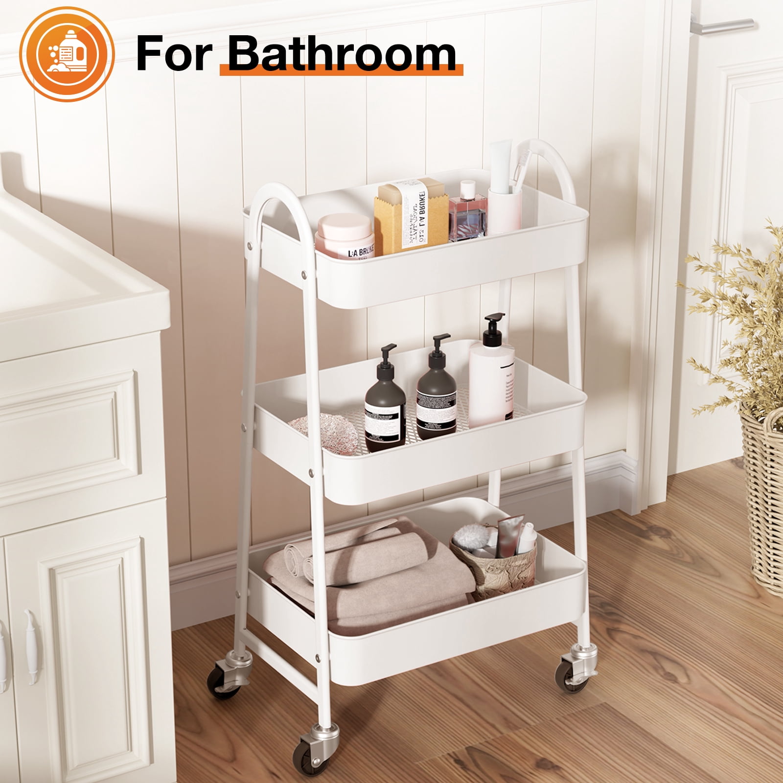 3-Tier Rolling Metal Storage Cart with Locking Casters, Utility Organizer for Kitchen, Bathroom, Laundry, and Office