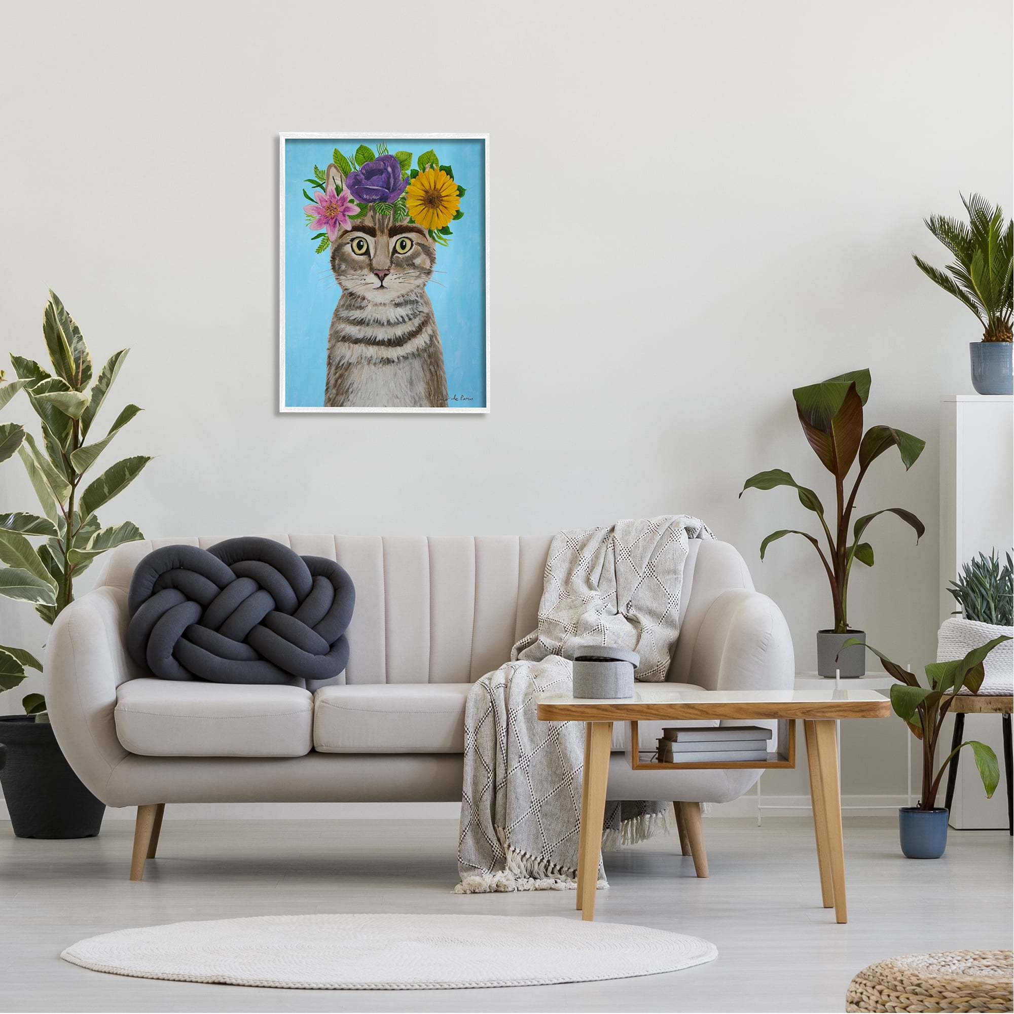 Stupell Industries Fun Manx Cat Bold Flower Arrangement Portrait Painting White Framed Art Print Wall Art, 24x30, by Coco de Paris