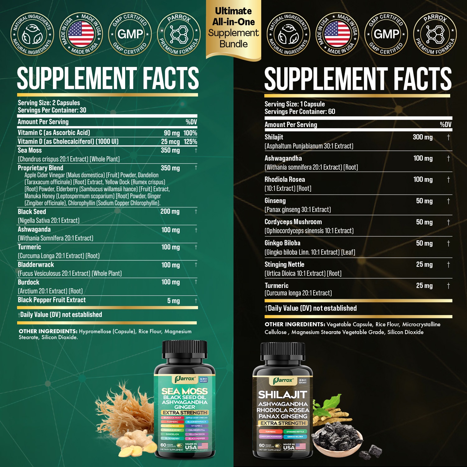 Dynamic Vitality Bundle, Sea Moss, Black Seed Oil, Ashwagandha, Ginger, Turmeric, Dandelion, Shilajit, Panax Ginseng, Rhodiola Rosea, Cordyceps Mushroom, All-in-One Supplements Duo (3 Pack)