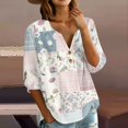 thumbnail image 2 of Women's Patchwork Floral 3/4 Sleeve Blouse - V-Neck Button Down Boho Tunic Top, Lightweight Casual Loose Fit Shirt for Spring Summer Sky Blue XXL, 2 of 6
