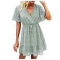 thumbnail image 2 of FcBaudy Robe à Manches Courtes Col en V, Robes d'Été pour Femmes, Robes d'Été pour Femmes Robe à Volants à Fleurs Col en V Taille Haute Robe pour Femmes, 2 of 9