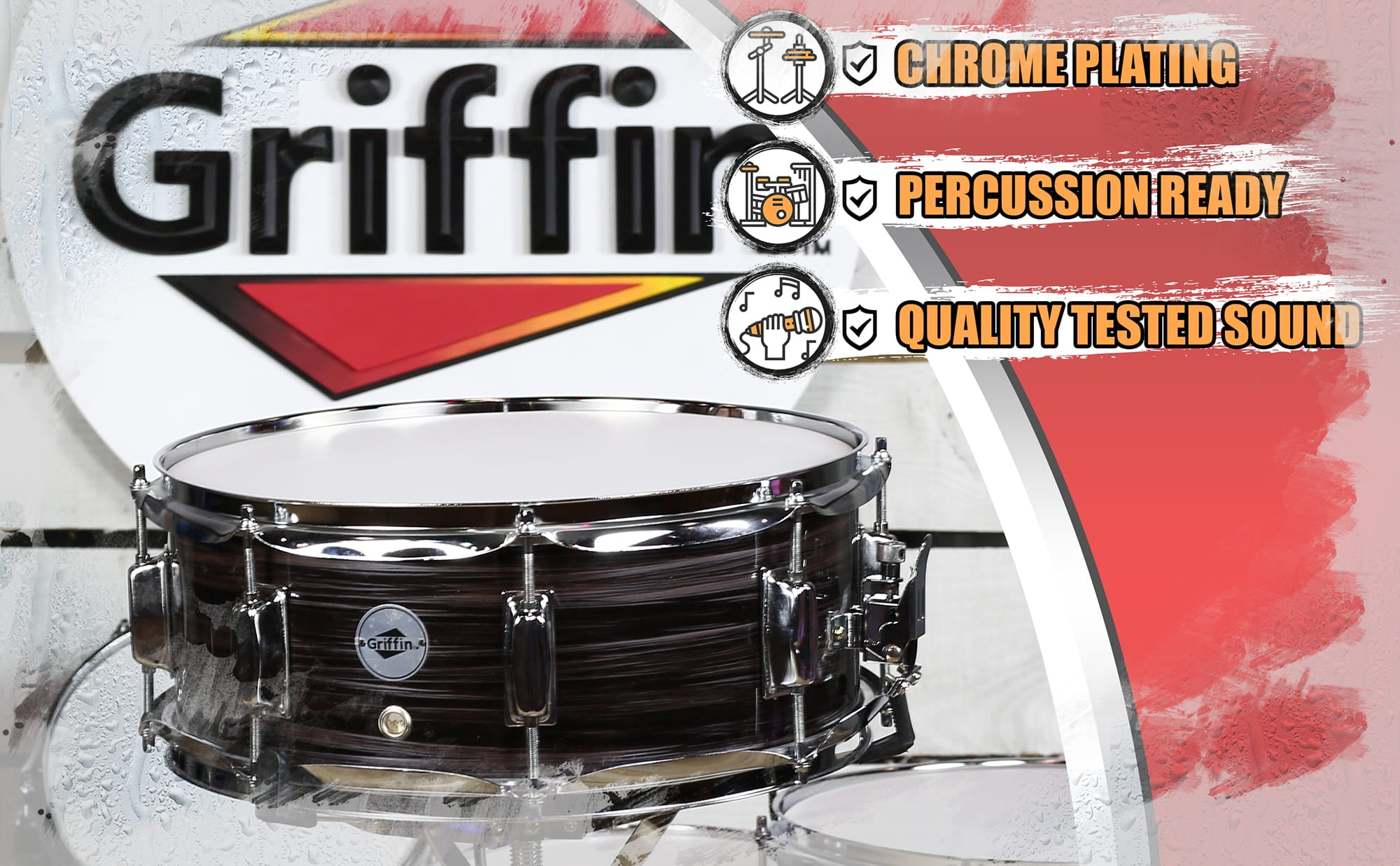Griffin Wood Snare Drum - Zebra 14"x5.5 Poplar Shell Percussion Head Key Kit Set