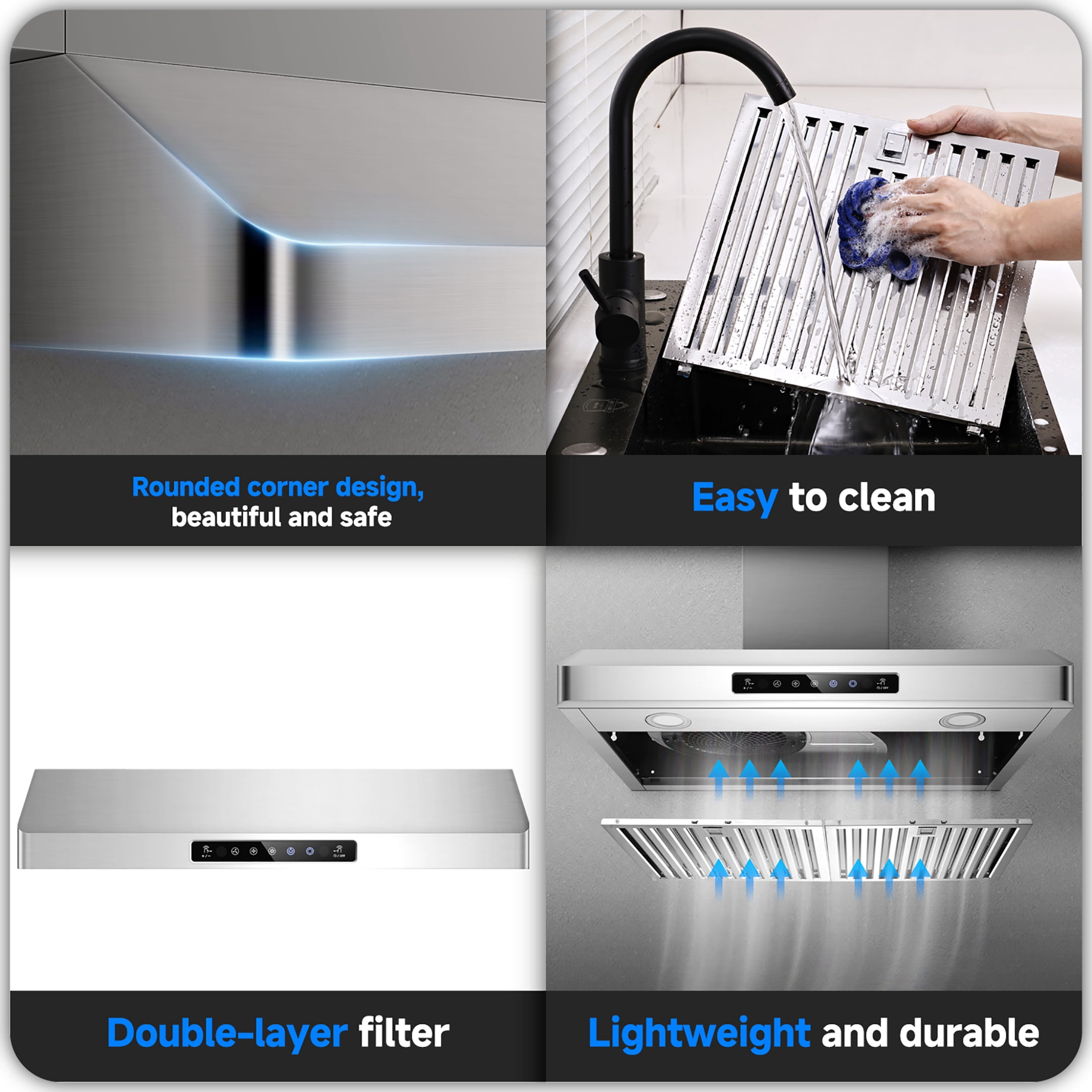 AAOBOSI 30 inch Under Cabinet Range Hood, 3-Speed Stainless Steel Kitchen Vent Hood with Gesture & Touch Control, LED Lights Exhaust Fan, Upgraded