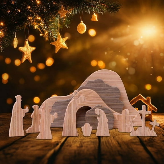 12Pcs Easter Resurrection Scene Set, Small Nativity Set for Table Decorations, Wooden Jesus Empty Tomb with Wreath, Christian Religious Centerpieces for Honoring the Resurrection & Inspiring Kids