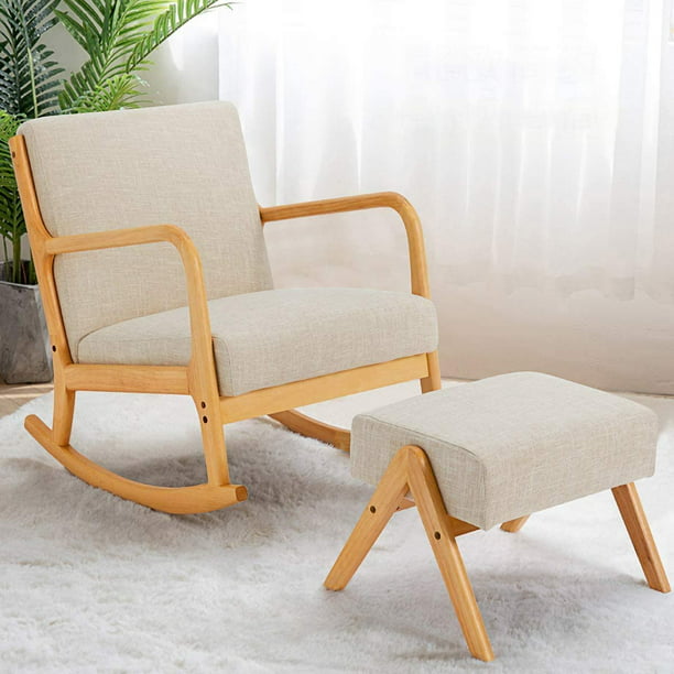 Erommy Fabric Rocking Chair Mid Century, Padded Wooden Rocking Chairs