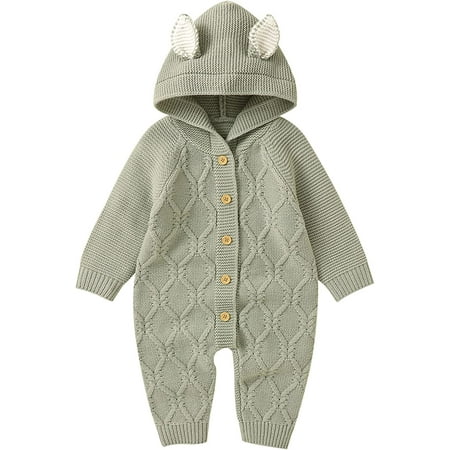 

QWZNDZGR Infant Baby Girl Boy Fall Winter Knit Romper Onesie Footed Romper Ruffle Jumpsuit Waffle Cotton Button Jumpsuit