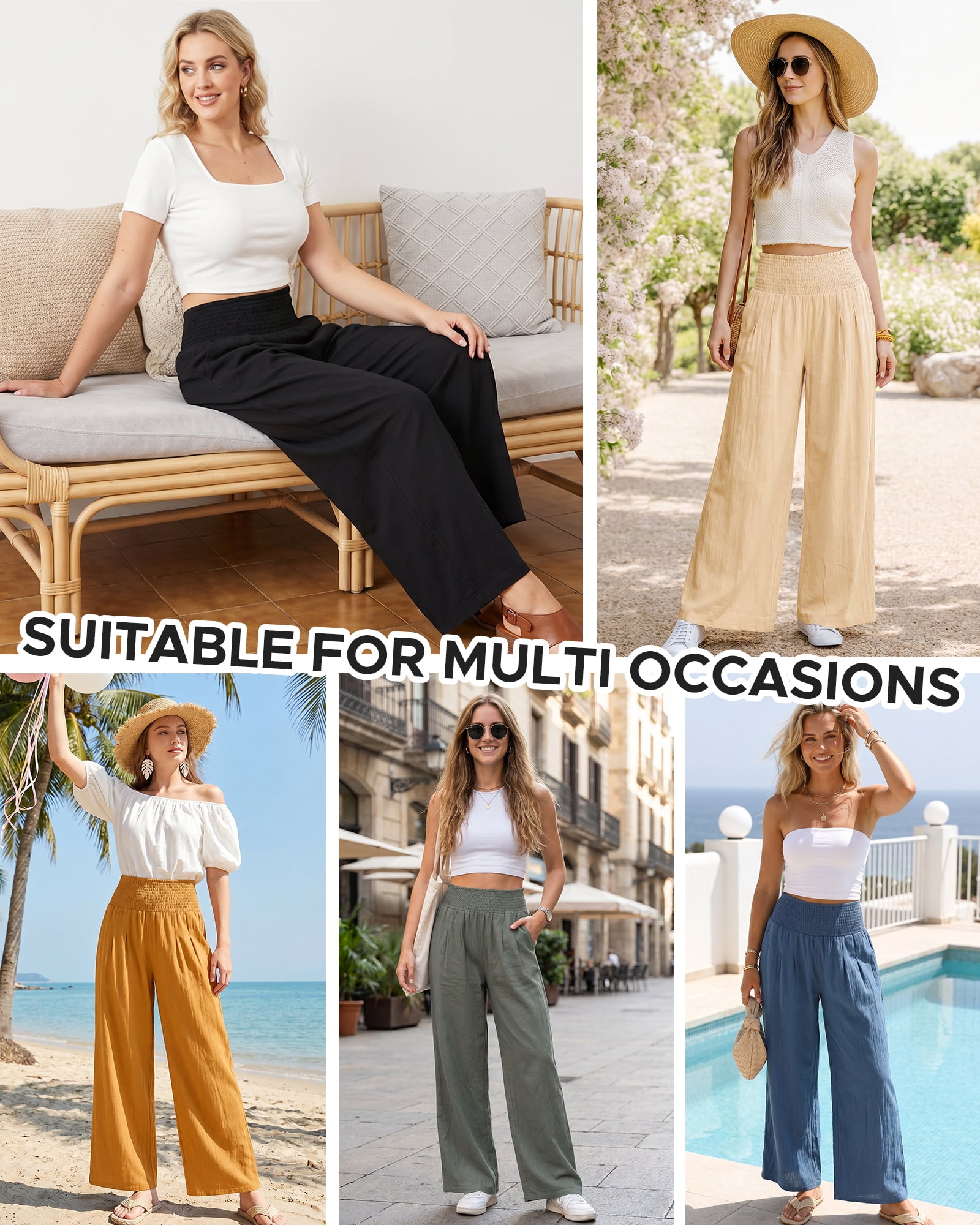DOCVIT Womens Wide Leg Pants High Elastic Waist with Pockets Summer S-XXL