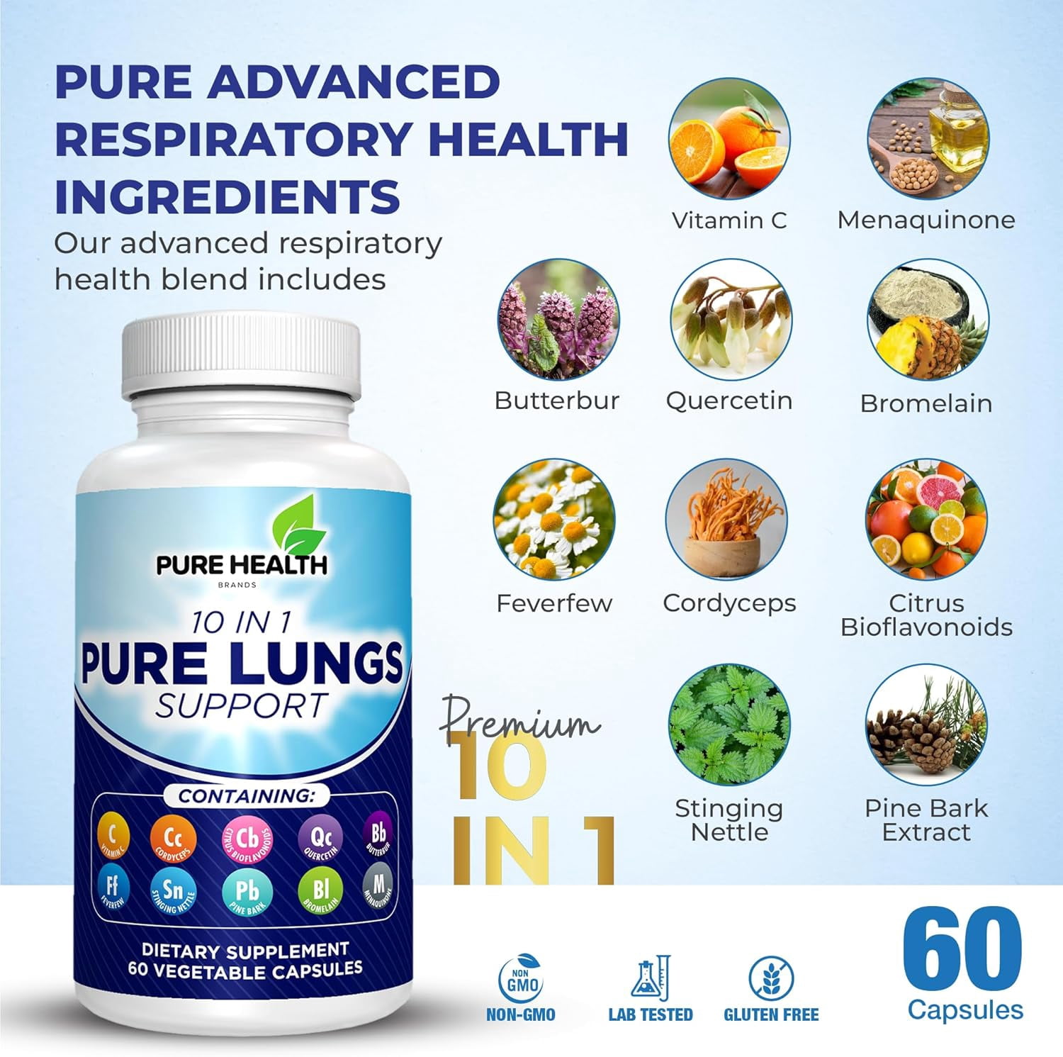 Pure Lungs Support – 10-in-1 Lung Cleanse & Detox Supplement for Smokers & Respiratory Health – with Quercetin, NAC, Cordyceps, Pine Bark, Vitamin C & Butterbur – 60 Capsules