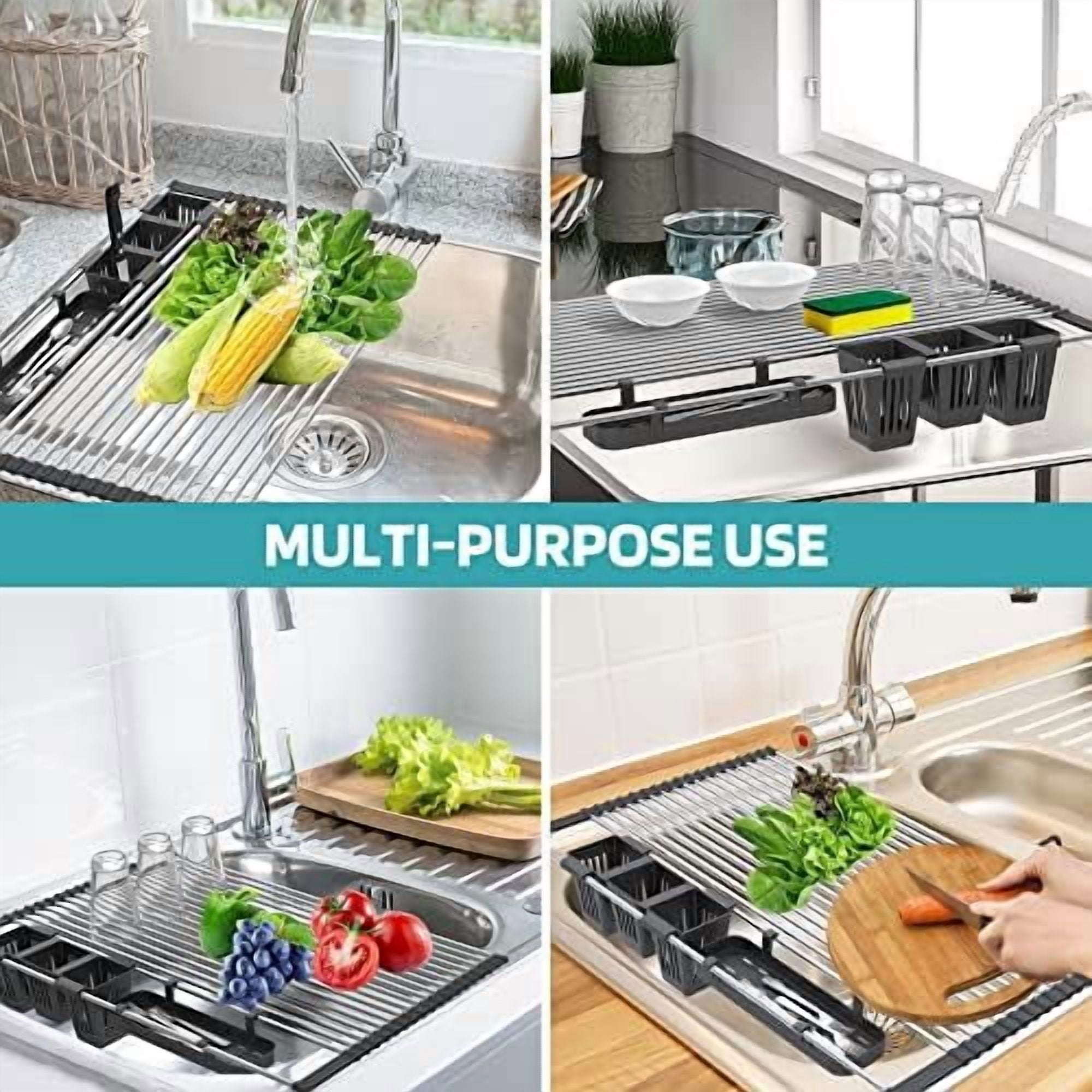 Extra Large Black Expandable Roll Up Dish Drying Rack Up to 25.1''with 2 Storage Baskets,Over The Sink Kitchen Rolling up Dishes Drainer, Foldable,Rollable