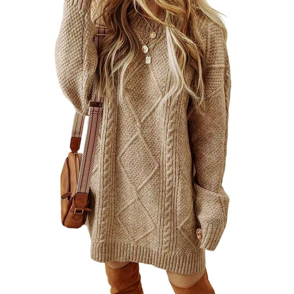 Women'S Cable Knit Casual Long Sleeve Loose Crew Neck Pullover Mini Sweater Dress Fall Winter Outfits Khaki S