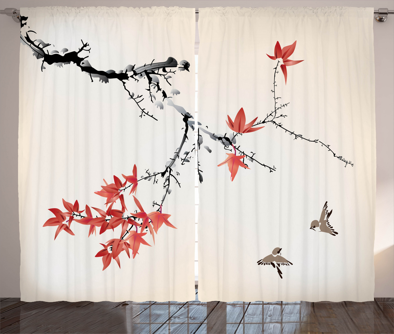 Japanese Curtains 2 Panels Set, Cherry Blossom Sakura Tree Branches