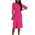 thumbnail image 2 of Styesk Robes pour Femmes Mode Femmes Couleur Unie Col en V Manches Trois-Quarts Fermeture Éclair Invisible Jupe Fendue, 2 of 7