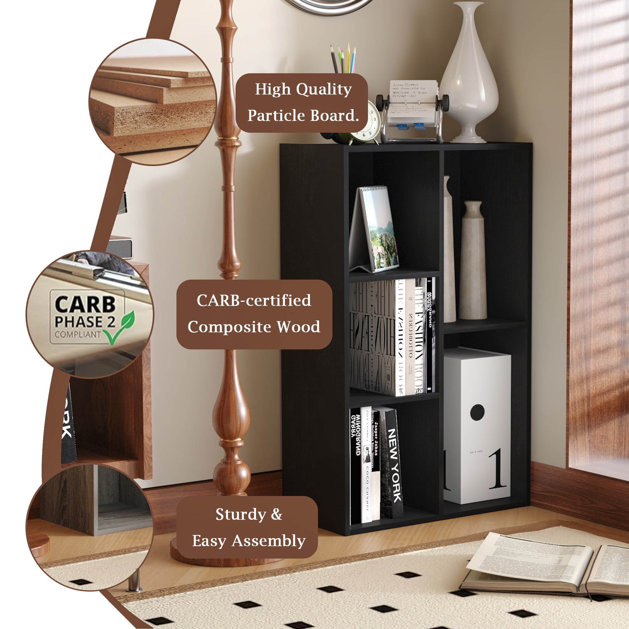 HOMLUX 5-Cube 31.5" Wooden Reversible Open Bookcase for Office, Living Room, Black
