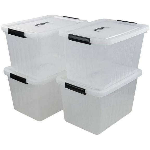 25 Quart Clear Latching Tote, Plastic Storage Bin with Black Handle, Pack of 4