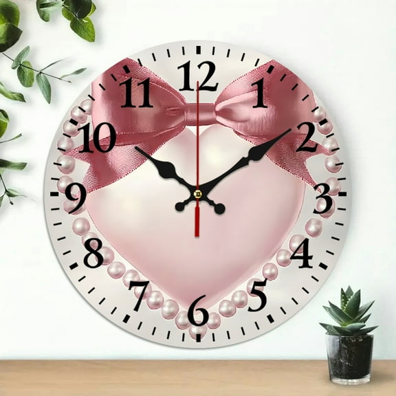 Creowell 10 Inch Heart-Shaped Pink Bow Pearls Wall Clock Decor 10x10in