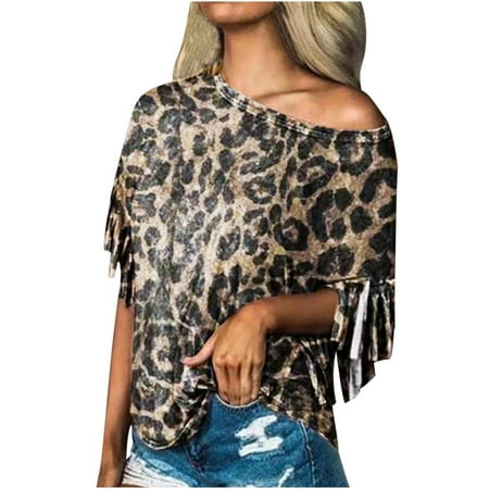 

Workout Tops for Women Flannel Shirts for Women Women Casual Versatile Loose T-Shirt Round Neck Leopard Print Tassel Short Sleeve Top Cute Tops for Women Savings Deals Tops for Women Yellow XL