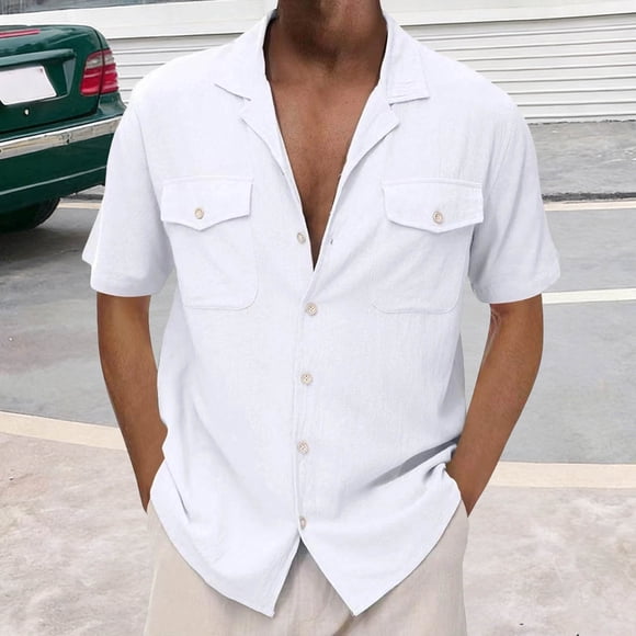 Viluyesy Men's Short Sleeve Button Shirts Summer Linen Tops Regular Fit Solid Dress Shirt Men, White XL