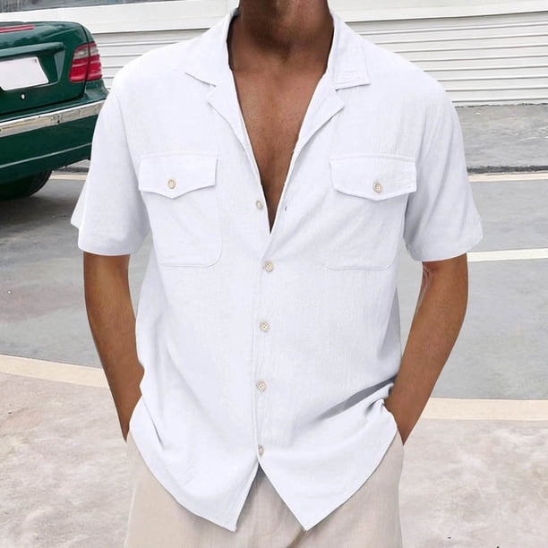 Ceisia Men's Relaxed Fit Short Sleeve Cuban Collar Cotton Linen Blend Shirt with Dual Chest Pockets White XXXL Gifts