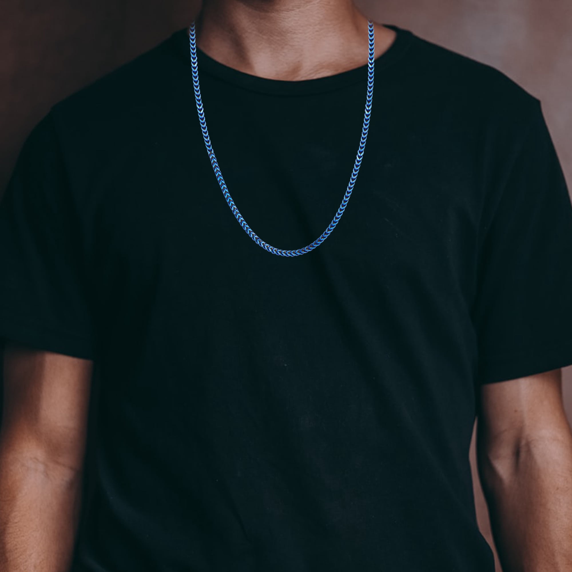 Mens 4 mm Blue Plated Stainless Steel Franco Link Chain Necklace