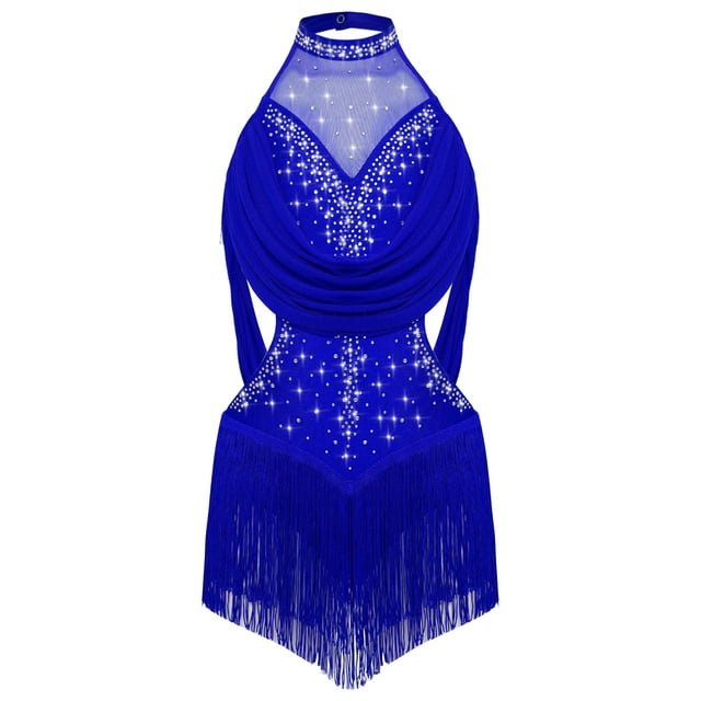 vastwit Kids Girls Sparkly Rhinestone Halter Tassel Latin Dance Dress Skirted Leotard Salsa Rumba Tango Dancewear Blue 6