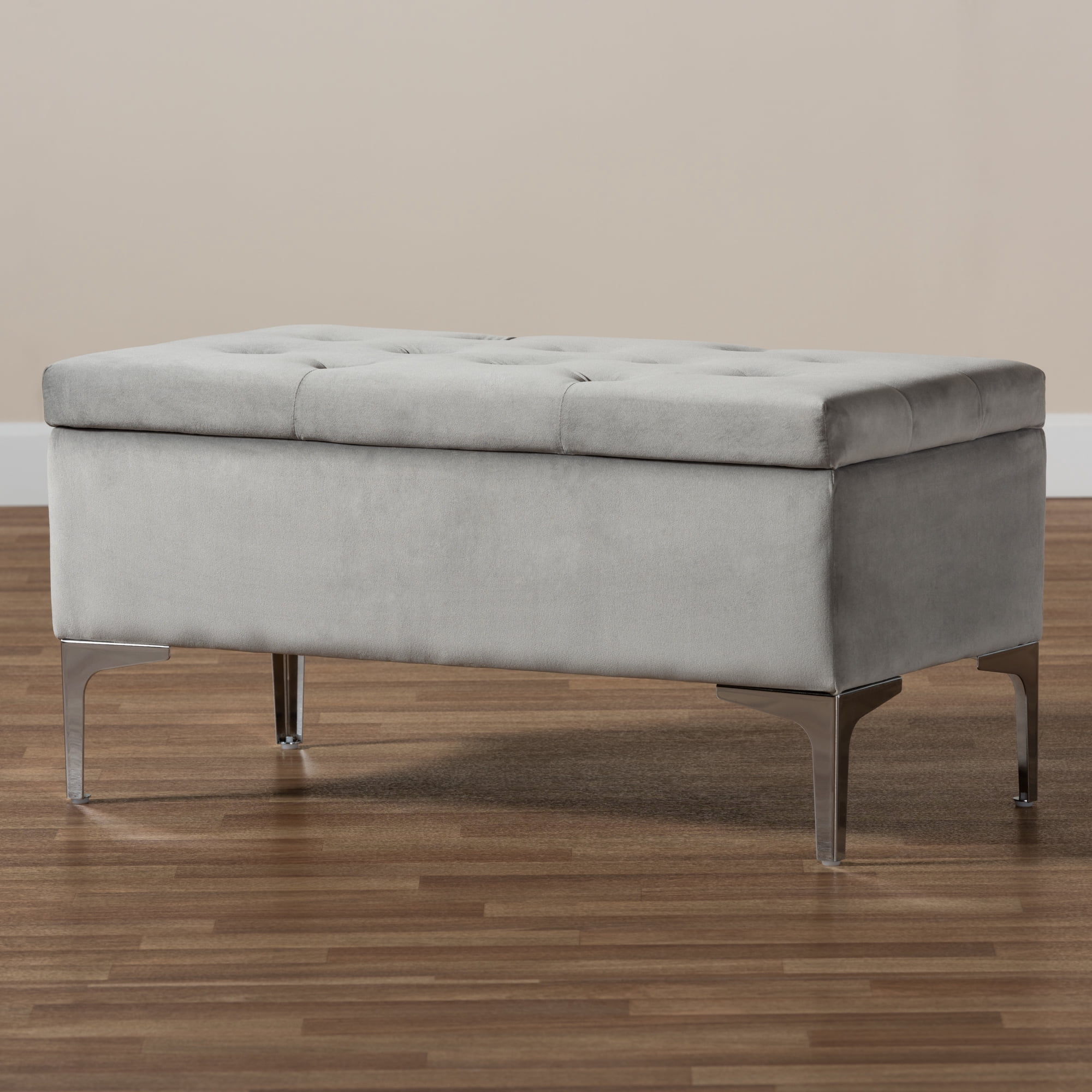 Baxton Studio Mabel Modern and Contemporary Transitional Grey Velvet Fabric Upholstered Silver Finished Storage Ottoman