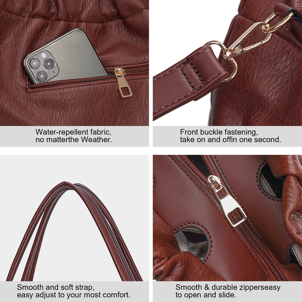Capamaster Slouchy Hobo Handbag for Women, Soft Faux Leather Shoulder Purse with Top Handles and Front Zipper Pockets, Coffee