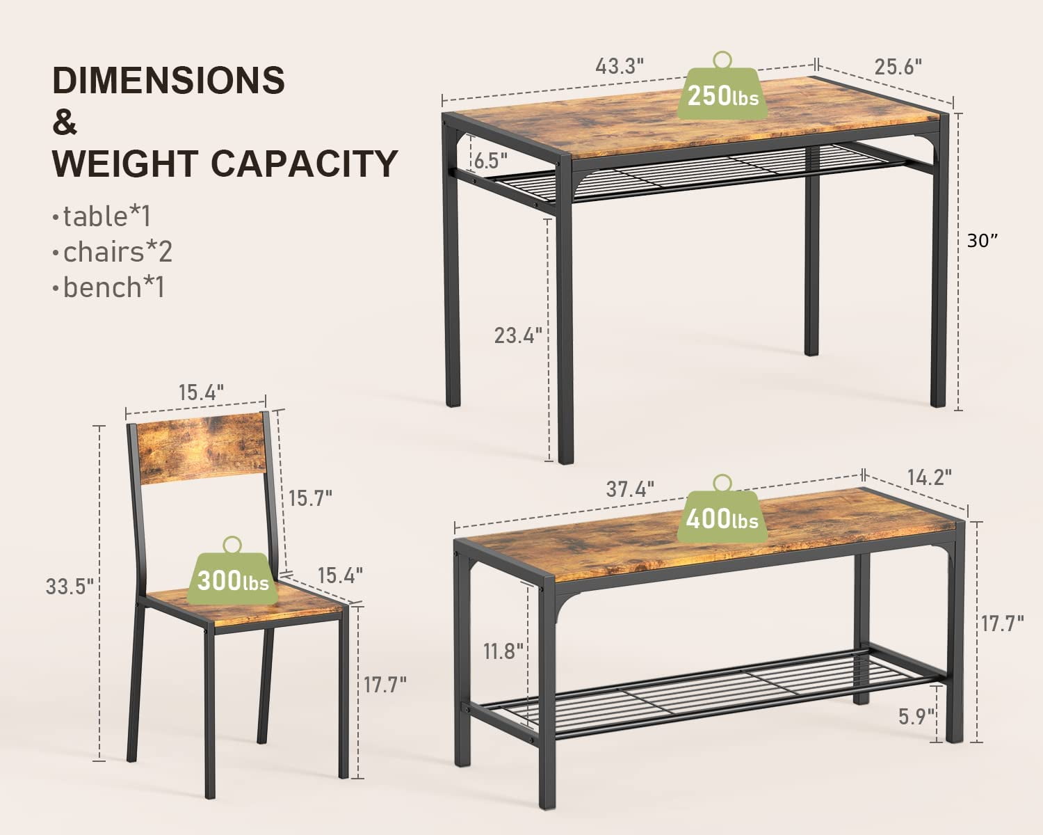 Lofka Retro Wooden Dining Table Set for 4 with Storage Bench Rack for Dining Room & Kitchen