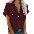 thumbnail image 4 of Kovlvoll Short Sleeve Shirts for Women Casual Summer V Neck Button down Shirt Solid Color Loose Tops with Pockets, 4 of 7