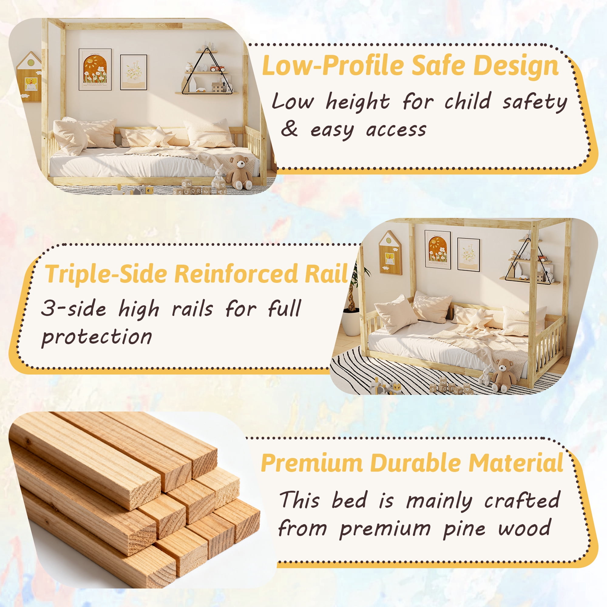 Alvantor Twin Size Floor Bed with Canopy Fence Guardrails for Kids Children Toddler Girls Boys, Natural
