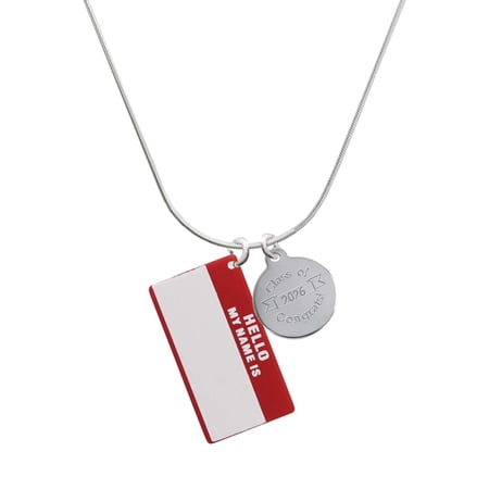 Delight Jewelry Acrylic Red "Hello" Name Tag - Silvertone Engraved Congrats Class of 2026 Charm Necklace, 18"