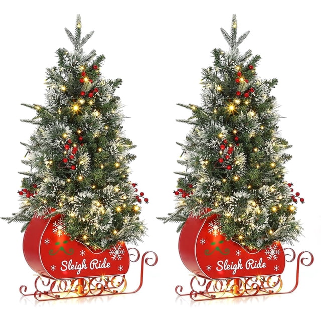 3-foot fiber optic mini artificial christmas trees con 78 leds y sleigh base (2 pack)
