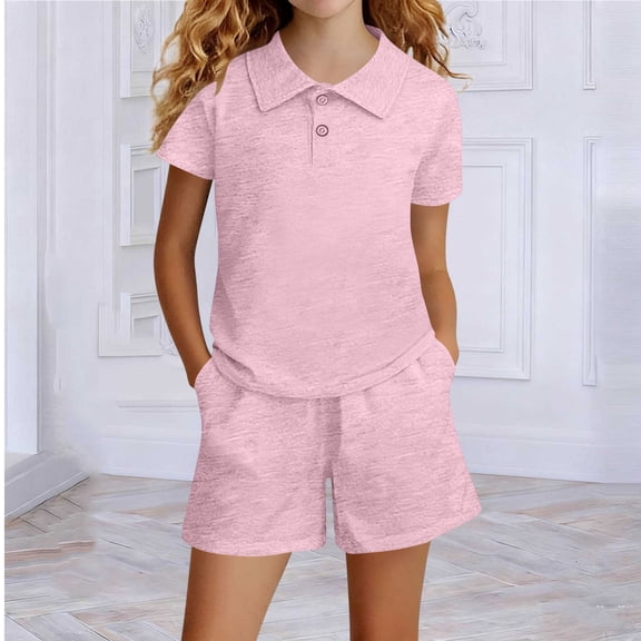 Cethrio Girls Outfit Sets Short Sleeve, 2 Piece School Collared Kids Summer Clothing Sets Pink Size 14