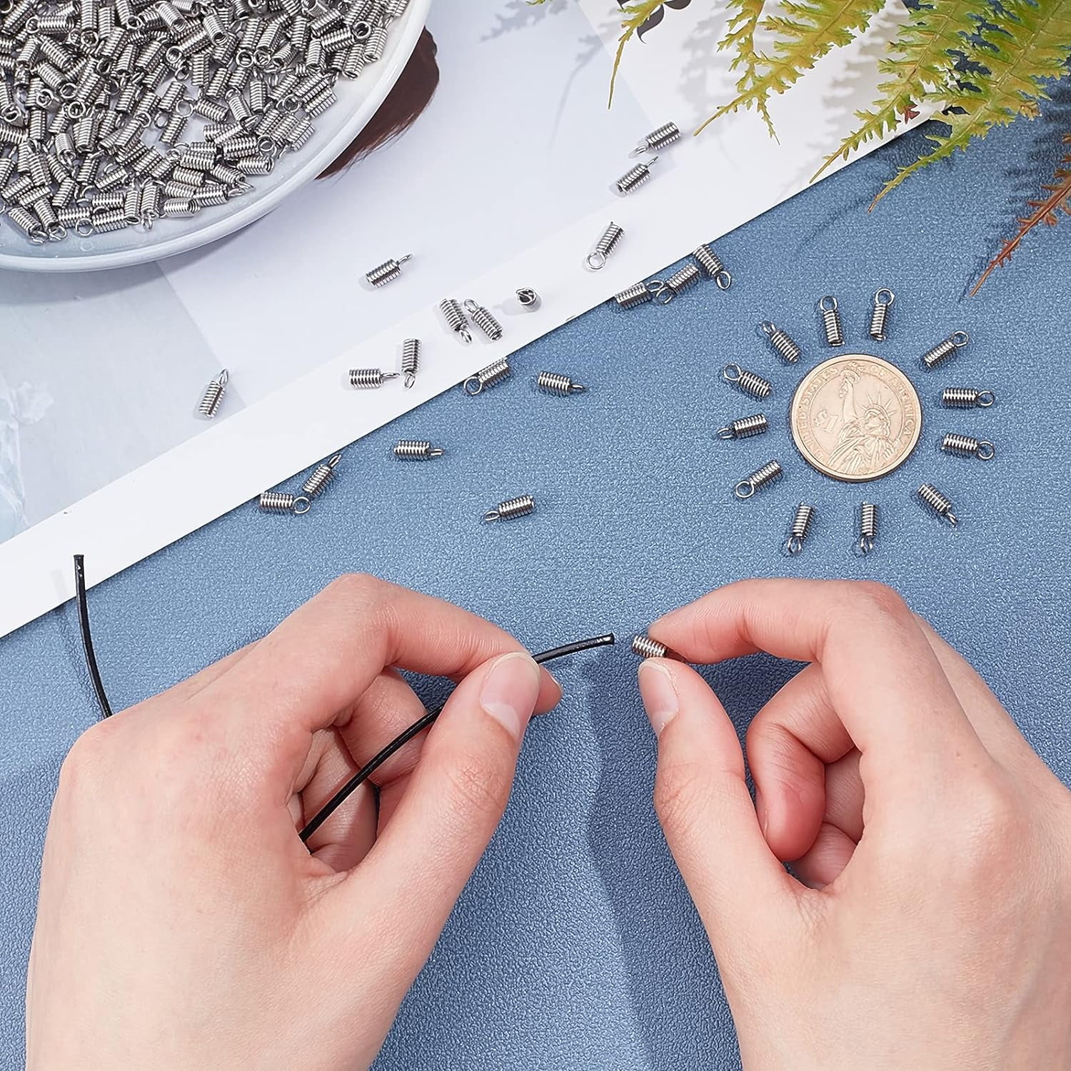 1000pcs Stainless Steel Coil Cord Ends 2.5mm Inner Diameter Mini Tube Cord Cap Tip Leather Cord Ends Caps 10mm Long Necklace Spring Fastener Crimp Clasp for Jewelry Making