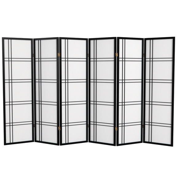 5 ft. Tall Japanese Style Double Cross Lattice Shoji Room Divider Screen, Black, Freestanding, 6 Panels