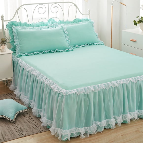 Inteprter Funda de colchón antideslizante fácil de limpiar, de cama ancha, elegante de cama de princesas, de cama con volantes Juegos de cama verde