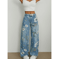 thumbnail image 3 of LMLYSoH Women's Floral Print Denim Pants Lightweight Mid Waist Loose Wide Leg Jeans Trousers, 3 of 9