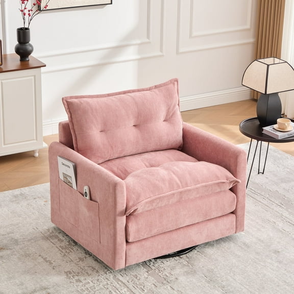 MDQMD Swivel Barrel Accent Chair Mid Century Modern 360° Rotating Lounge Chair with Thick Padded Arms Chenille Upholstery Solid Metal Base Pink for Living Room, Bedroom or Office