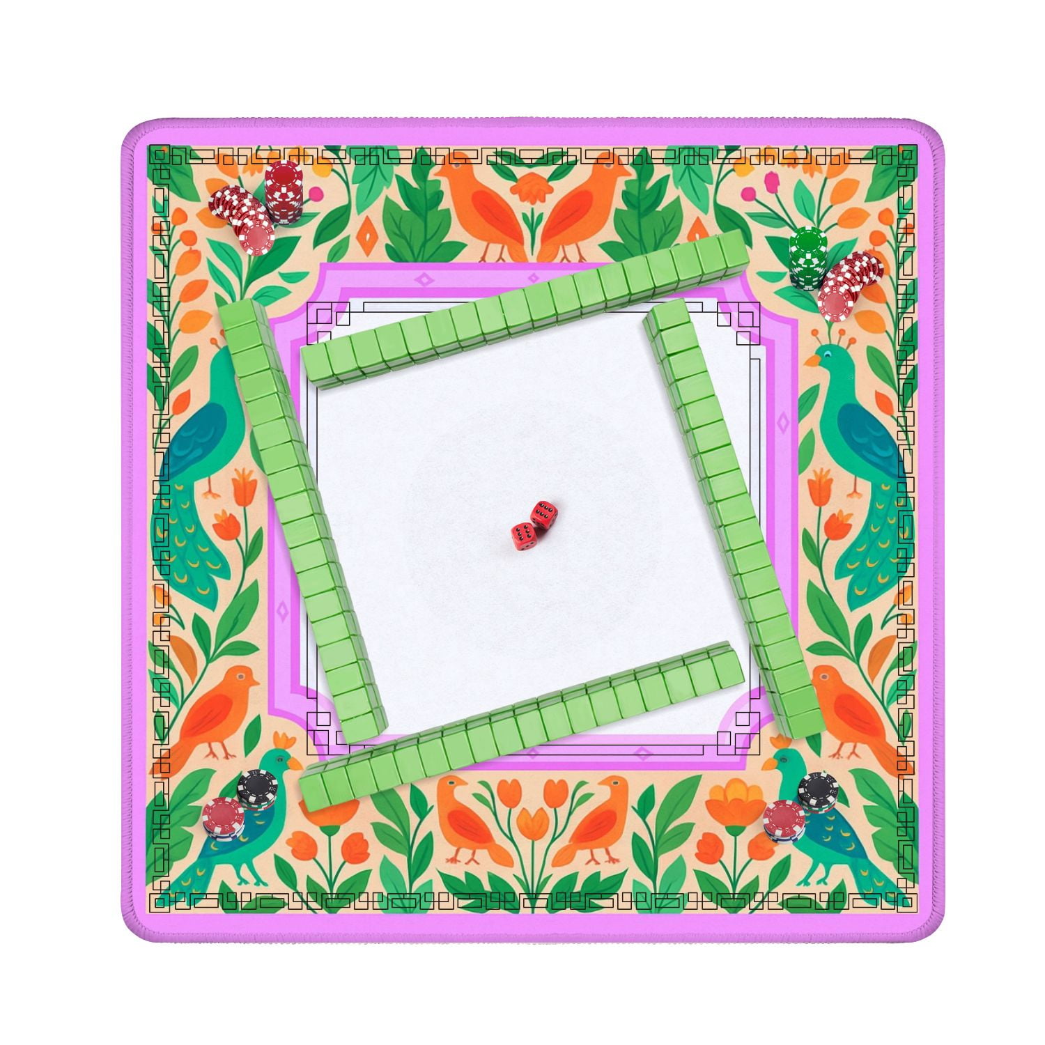 Mahjong Mat 31.5" x 31.5" Vibrant Floral Border Colorful Birds Leaves Anti-Slip and Noise Reduction Symmetry Design Mahjong Tiles Table Cover for Dominoes Poker Card Board and Tile Games