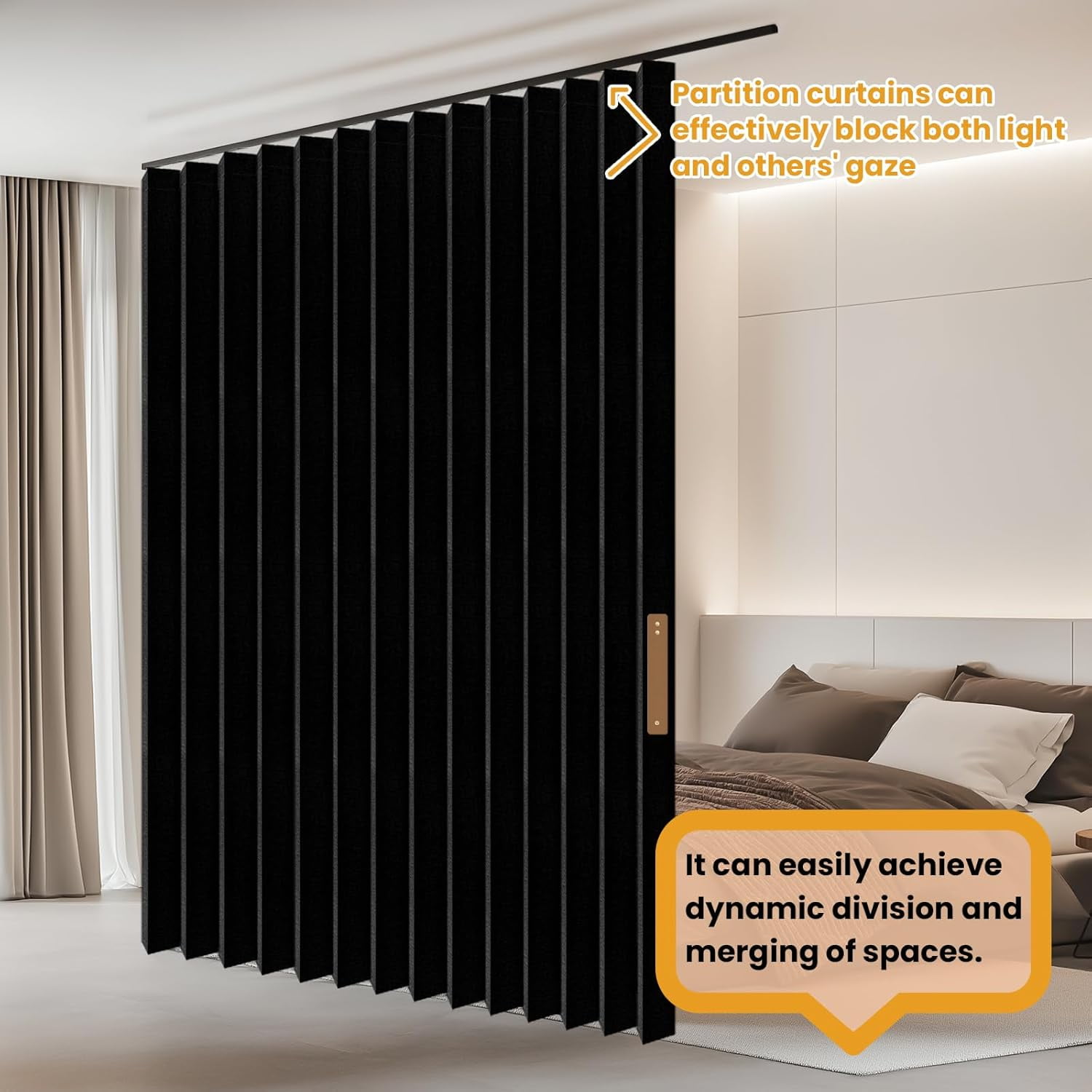 Accordion-Style Room Divider with Ceiling Track - Foldable Partition Curtain, Easy Installation(Black 100" W x 108" L-Pack of 1)