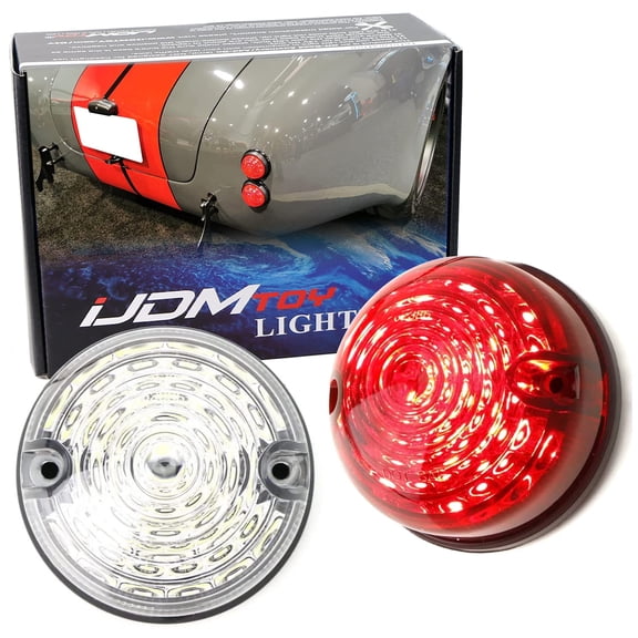 12V 70mm Round Dome Shape Flush Mount Clear Lens Brilliant Red LED Taillight Tail/Brake Lights, Turn Signal Lamps, For Classic 50s 60s Car Caravan Truck SUV, etc