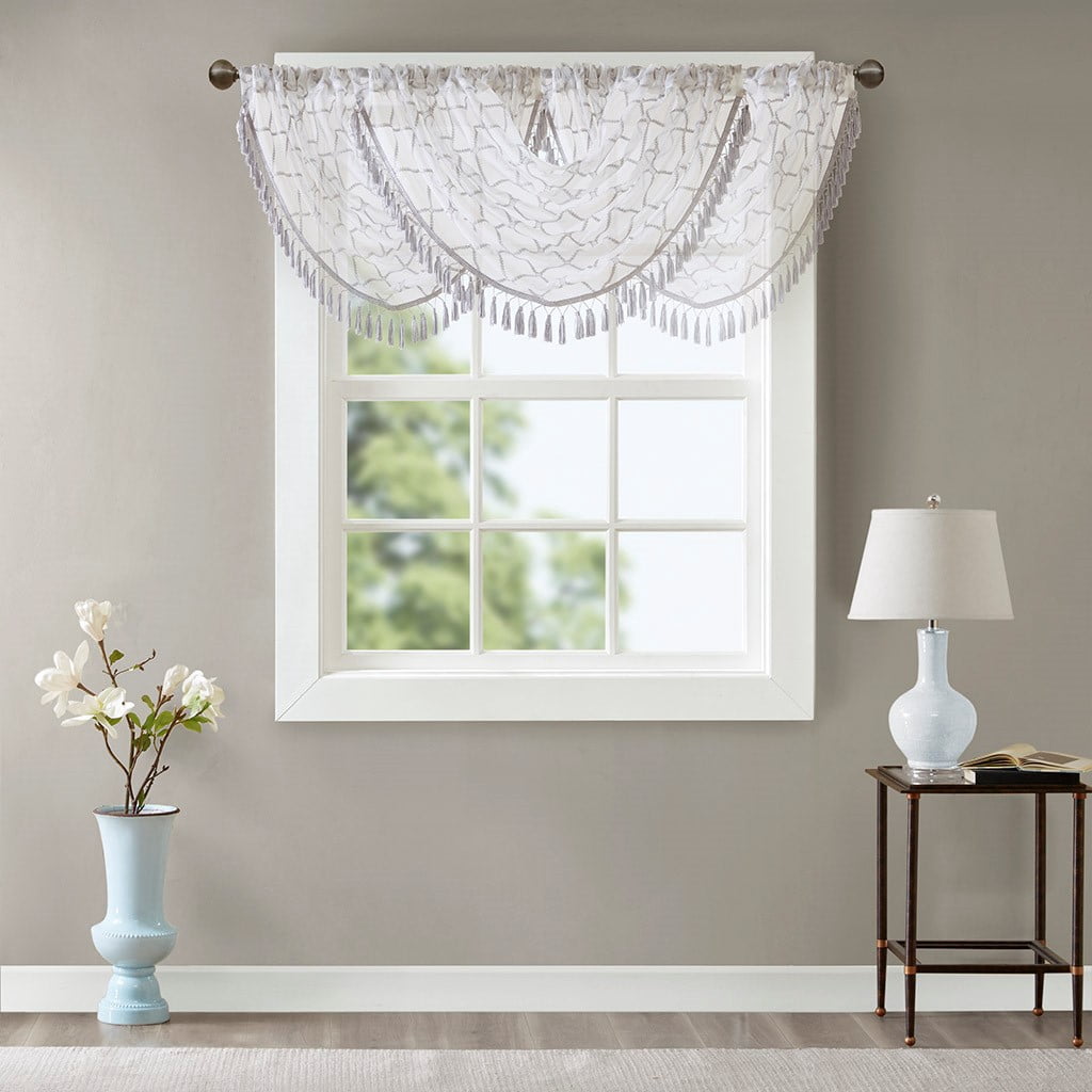 MAYEERTY 38x46" Diamond Sheer Embroidered Waterfall Valance, White/Grey