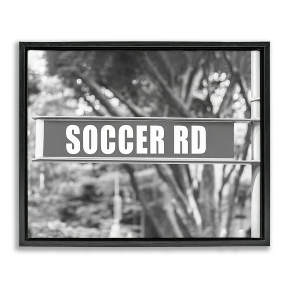 Stupell Industries Soccer Road Sign Sports Photography Black Floater Framed Canvas Art Print Wall Art, 21 x 17