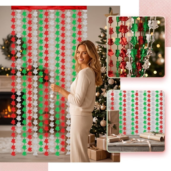 Christmas Decorations Indoor Outdoor, Red Green Foil Fringe Curtain Set, Snowflake Sparkly Streamer Decor for Xmas Party, Door Wall, Tree Home