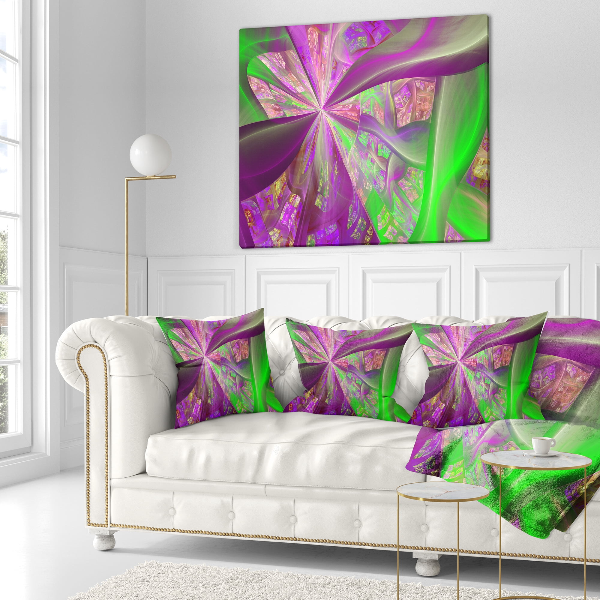 Designart Pink Green Fractal Curves - Abstract Throw Pillow - 18x18