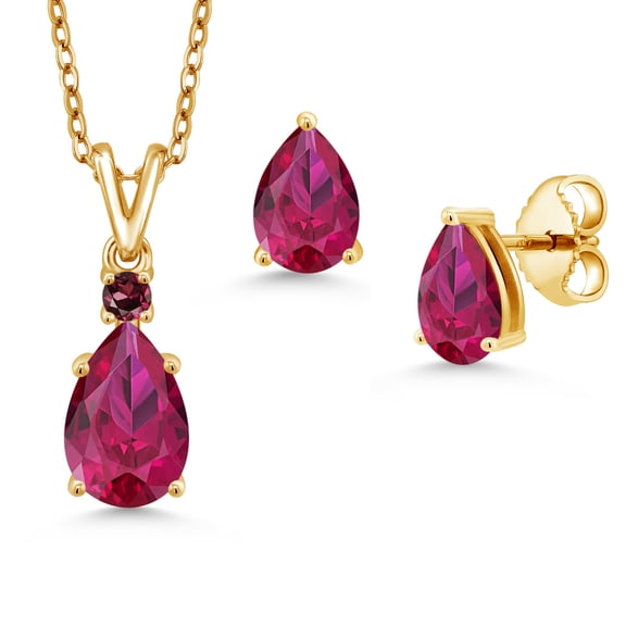 18K Yellow Gold Plated Silver Red Created Ruby and Red Rhodolite Garnet Pendant and Earrings Jewelry Set for Women | 3.54 Cttw | Gemstone July Birthstone | Pear Shape 9X6MM | With 18 inch Chain