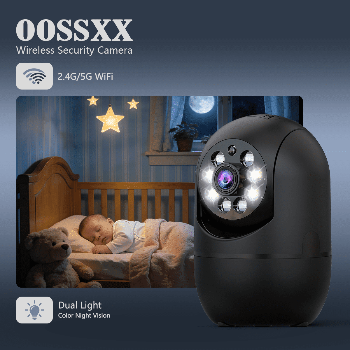 OOSSXX Dual Band Wifi Baby Monitor, 3MP Wireless Security Camera, Indoor Pet Cameras with Phone APP (Black)