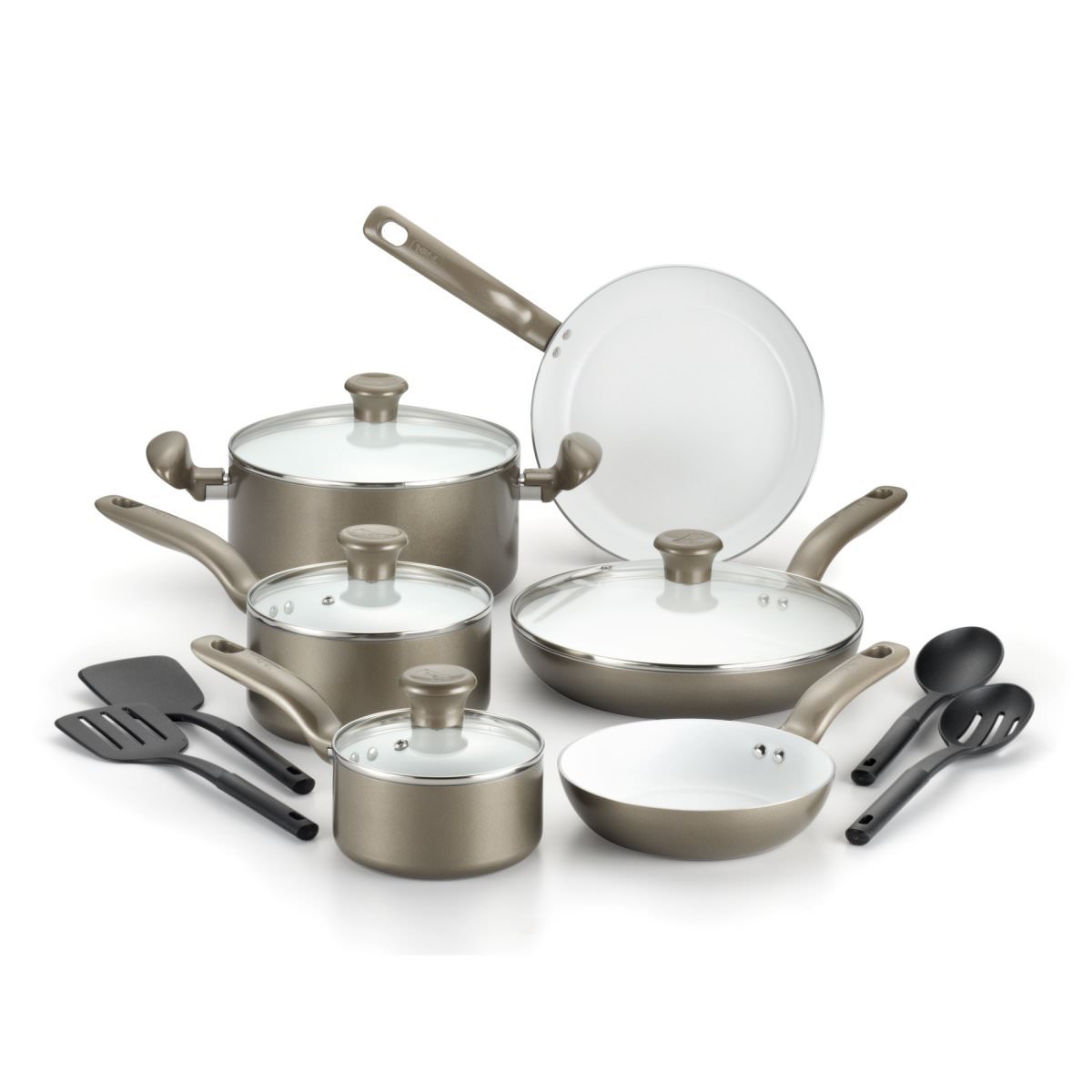 TFal Initiatives Ceramic Nonstick 14 Piece Cookware Set, Champagne